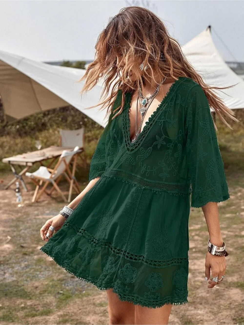 Women's Dark Green Rayon V-Neck Coverup Mesh Lace Bathing Suit Swimsuit Coverup